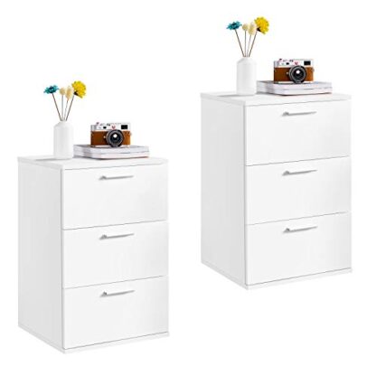 Set of 2 White End Table 3 Drawers End Table Beside Table Wood Storage Cabinet Accent Side Table Industrial End Table for Home & Office - Image 10