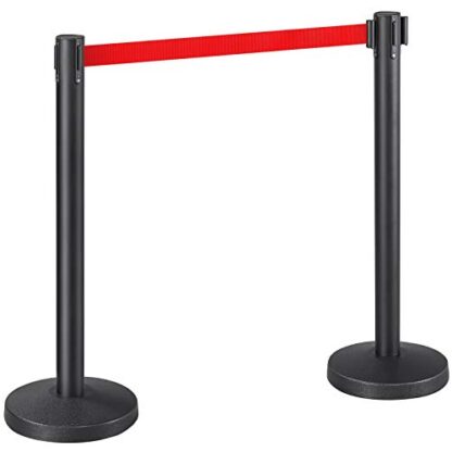 Set of 2 Red Retractable Belt Crowd Control Stanchion/Queue Line Barrier/Post/Ropes/Pole Black