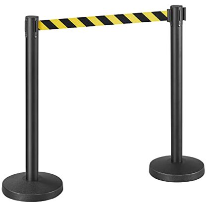 Set of 2 Yellow Crowd Control Stanchion Security Pole Posts for Queuing Lines ​w/ 6.5-Foot Retractable Black/Yellow Belt 36-Inch Height