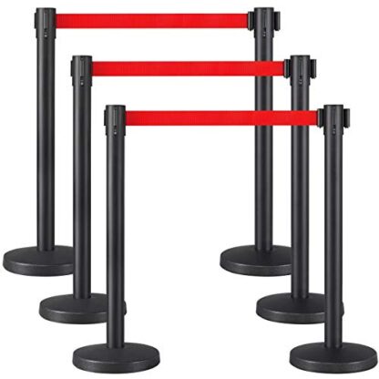 6-Pack Red Stanchion Post Rope Barriers - Heavy Duty Black Crowd Control Stanchions 36-Inch Height with 6.5 Feet Red Retractable Belt Easy Connect A