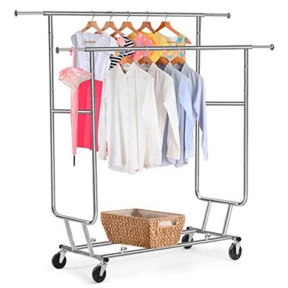 Double Rail Portable Clothing Garment Rack on Wheels, Collapsible/ Extendable Rack Hanger Holder, Commercial Adjustable Rolling Clothes Rack 250