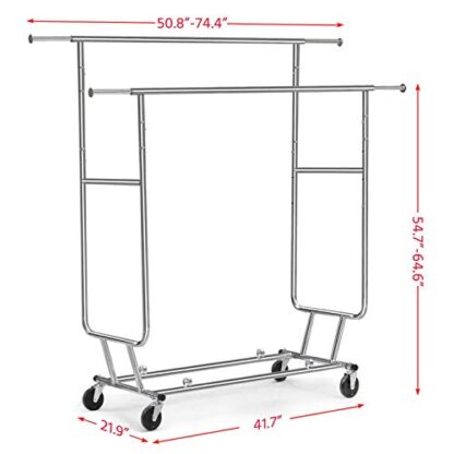 Double Rail Portable Clothing Garment Rack on Wheels, Collapsible/ Extendable Rack Hanger Holder, Commercial Adjustable Rolling Clothes Rack 250 - Image 3