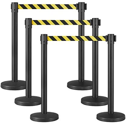 Set of 6 Yellow Crowd Control Stanchion Security Pole Posts for Queuing Lines ​w/ 6.5-Foot Retractable Black/Yellow Belt 36-Inch Height