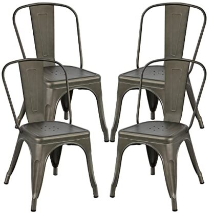 Set of 4 Metal Dining Chairs Stackable Dining Room Chairs Side Chairs Patio Dining Chairs with Back, Each Chair Load Capacity: 340 lbs,Gun Metal