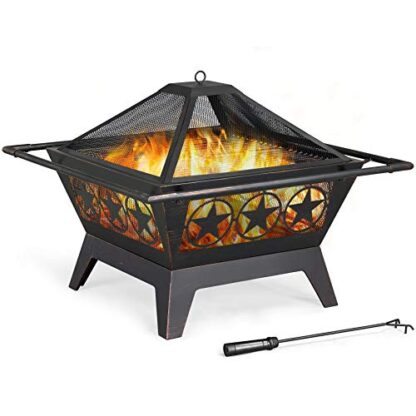 32in Outdoor Fire Pit Metal Square Firepit Wood Burning Backyard Patio Garden Beaches Camping Picnic Bonfire Stove with Spark Screen, Log Poker - Image 8