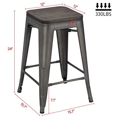 Set of 4, 24 inches Metal Bar Stools Counter Stool Indoor/Outdoor Stackable Barstools Counter Wood Top/Seat Bar Stools , Gunmetal - Image 7