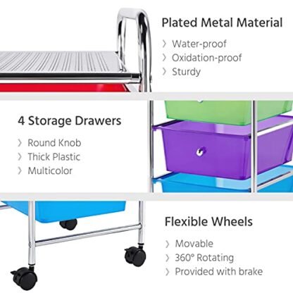 4 Drawers Cart Rolling Plastic Storage Cart and Organizer Metal Frame Plastic Drawers Plastic Trolley Organizer on Wheels, Multicolor - Image 3