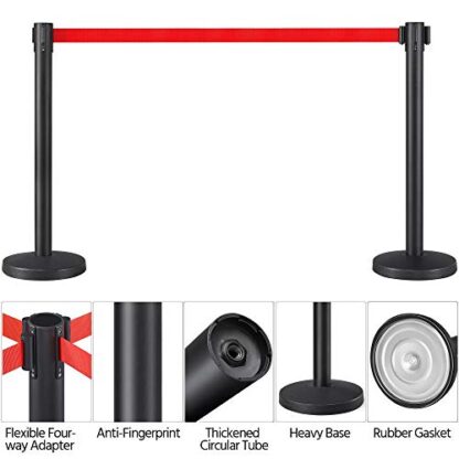 4-Pack Red Stanchion Post Rope Barriers - Heavy Duty Black Crowd Control Stanchions 36-Inch Height with 6.5 Feet Red Retractable Belt Easy Connect A - Image 3