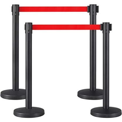 4-Pack Red Stanchion Post Rope Barriers - Heavy Duty Black Crowd Control Stanchions 36-Inch Height with 6.5 Feet Red Retractable Belt Easy Connect A