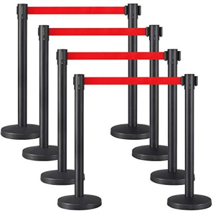 8-Pack Red Stanchion Post Rope Barriers - Heavy Duty Black Crowd Control Stanchions 36-Inch Height with 6.5 Feet Red Retractable Belt Easy Connect A