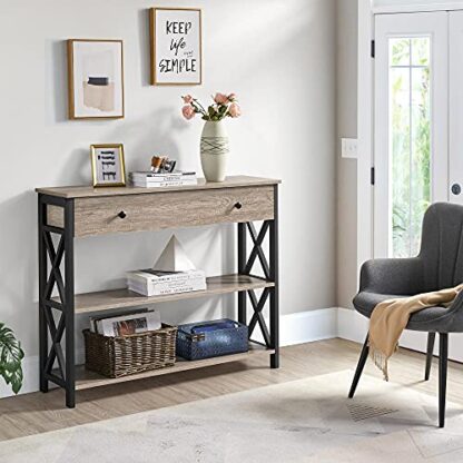 Console Table with Drawer for Entryway, Narrow Entry Table for Living Room with Drawer & Open Storage Shelves, Industrial Wood Hallway Sofa Tabl - Image 9