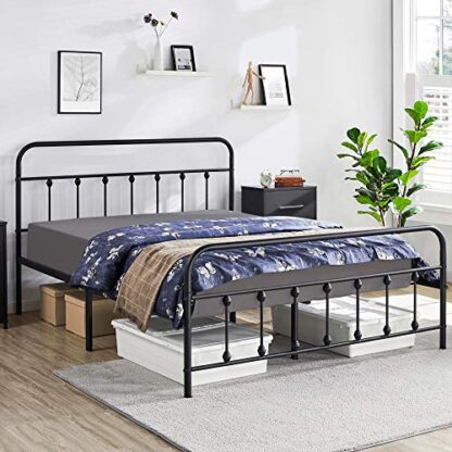 Classic Black Metal Bed Platform with High Headboard and Footboard Mattress Foundation,Stable Metal Slats Support,Under Bed Storage,Queen Size