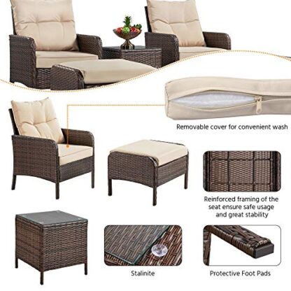 5pcs Patio Wicker Furniture Set, Outdoor Conversation Set Cushioned Sofa w/Ottomans and Coffee Table for Porch, Pool Balcony, Lawn - Image 5