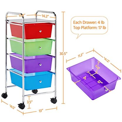 4 Drawers Cart Rolling Plastic Storage Cart and Organizer Metal Frame Plastic Drawers Plastic Trolley Organizer on Wheels, Multicolor - Image 4