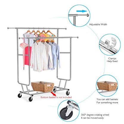 Double Rail Portable Clothing Garment Rack on Wheels, Collapsible/ Extendable Rack Hanger Holder, Commercial Adjustable Rolling Clothes Rack 250 - Image 8