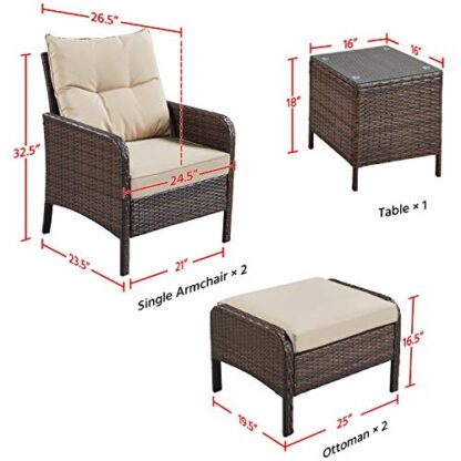 5pcs Patio Wicker Furniture Set, Outdoor Conversation Set Cushioned Sofa w/Ottomans and Coffee Table for Porch, Pool Balcony, Lawn - Image 3