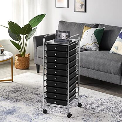 Rolling Cart Organizer Plastic Trolley with 10 Storage Drawers Utility Cart on Wheels Art Craft Organizer Ample Storage Space, Black - Image 3