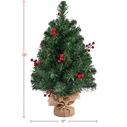 2ft Prelit Tabletop Artificial Mini Christmas Tree with Red Berries Includes Cloth Bag Base for Bedroom Table Desk Porch Coffee Table, Little Xm - Image 8