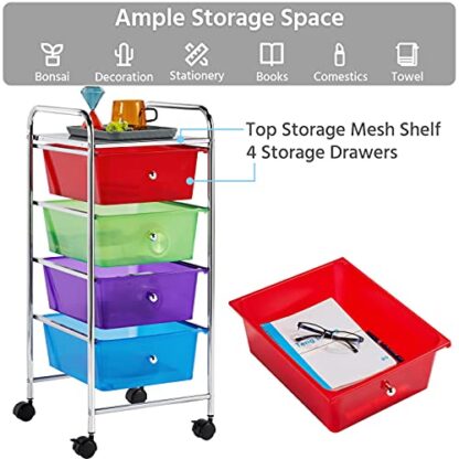 4 Drawers Cart Rolling Plastic Storage Cart and Organizer Metal Frame Plastic Drawers Plastic Trolley Organizer on Wheels, Multicolor - Image 6