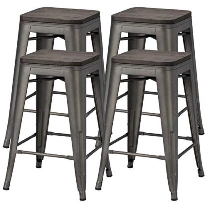 Set of 4, 24 inches Metal Bar Stools Counter Stool Indoor/Outdoor Stackable Barstools Counter Wood Top/Seat Bar Stools , Gunmetal - Image 9