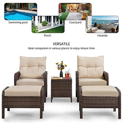 5pcs Patio Wicker Furniture Set, Outdoor Conversation Set Cushioned Sofa w/Ottomans and Coffee Table for Porch, Pool Balcony, Lawn - Image 4