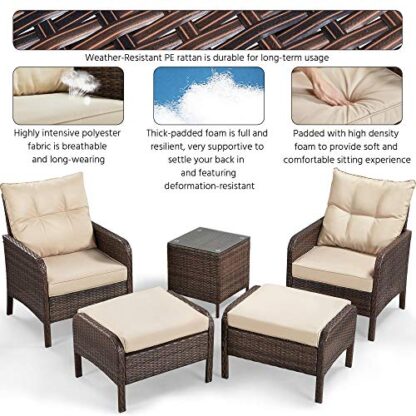 5pcs Patio Wicker Furniture Set, Outdoor Conversation Set Cushioned Sofa w/Ottomans and Coffee Table for Porch, Pool Balcony, Lawn - Image 6