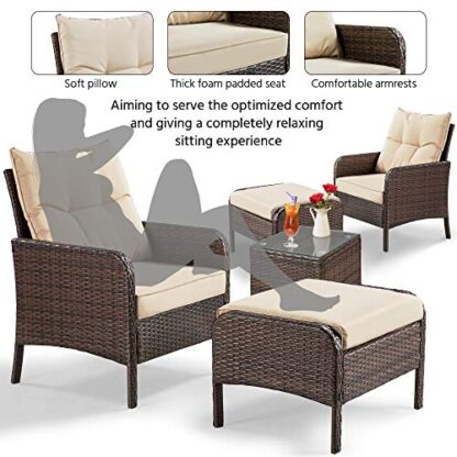 5pcs Patio Wicker Furniture Set, Outdoor Conversation Set Cushioned Sofa w/Ottomans and Coffee Table for Porch, Pool Balcony, Lawn - Image 2