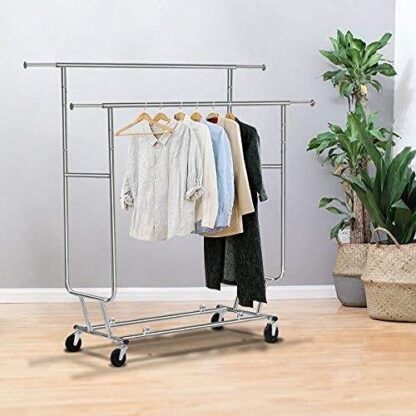 Double Rail Portable Clothing Garment Rack on Wheels, Collapsible/ Extendable Rack Hanger Holder, Commercial Adjustable Rolling Clothes Rack 250 - Image 9