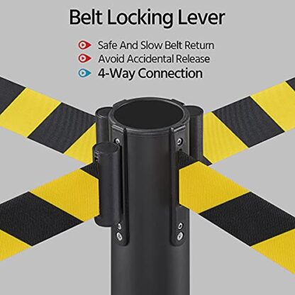 Set of 2 Yellow Crowd Control Stanchion Security Pole Posts for Queuing Lines ​w/ 6.5-Foot Retractable Black/Yellow Belt 36-Inch Height - Image 3