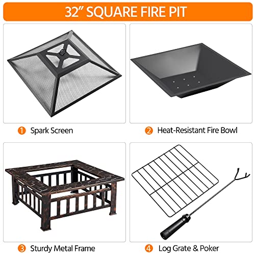 32in Outdoor Firepit Square Table, Square Fire Pit Wood Grate