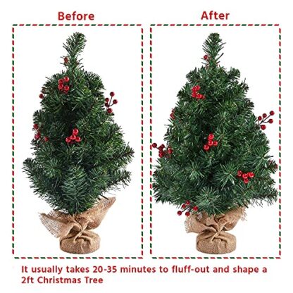 2ft Prelit Tabletop Artificial Mini Christmas Tree with Red Berries Includes Cloth Bag Base for Bedroom Table Desk Porch Coffee Table, Little Xm - Image 6