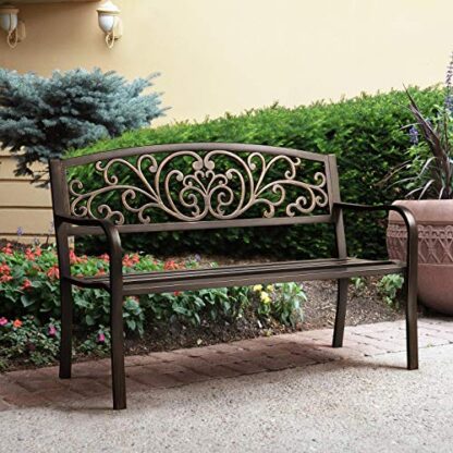 Patio Garden Bench for Outdoor, Patio Porch Outdoor Furniture Clearance Iron Metal Frame Chair for Park, Deck, Entryway, Backyard, Elegant Bronz - Image 6