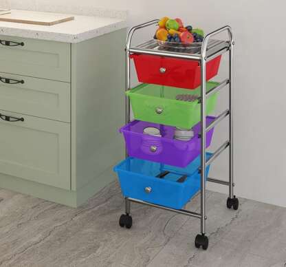 4 Drawers Cart Rolling Plastic Storage Cart and Organizer Metal Frame Plastic Drawers Plastic Trolley Organizer on Wheels, Multicolor