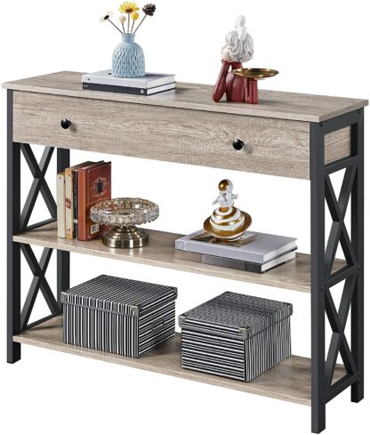 Console Table with Drawer for Entryway, Narrow Entry Table for Living Room with Drawer & Open Storage Shelves, Industrial Wood Hallway Sofa Tabl - Image 10