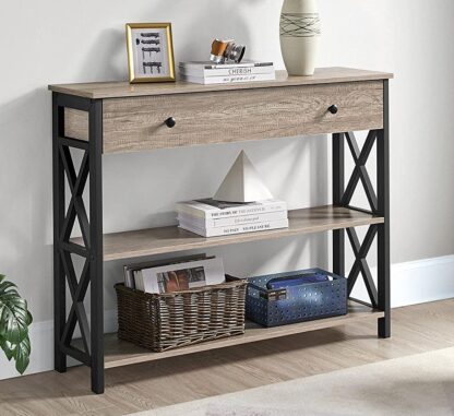 Console Table with Drawer for Entryway, Narrow Entry Table for Living Room with Drawer & Open Storage Shelves, Industrial Wood Hallway Sofa Tabl