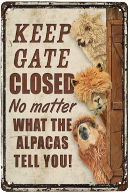 8x12 inch Alpaca Farm Keep Gate Closed Metal Signs Tin Sign Funny Novetly Caution Sign Metal for Farmhouse Fence House Wall Gate