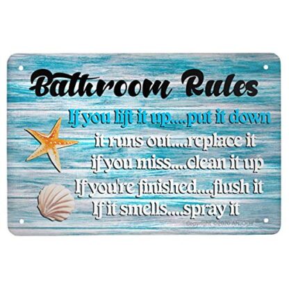 8x12 inch Retro Tin Signs Vintage Metal Sign Bathroom Rules Sea Shell Plaque Poster for Home Coffee Funny Wall Decor Art