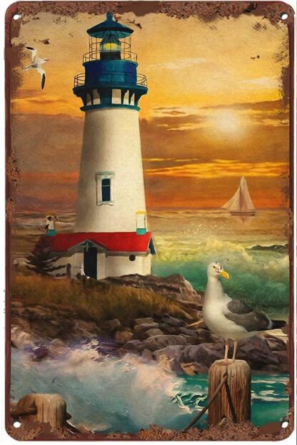 8x12 inch Creative Metal Sign Sunset Lighthouse Sign Summer Wall Farmhouse Decor for Home Cafes Office Store Pubs Club Sign Gift Plaque