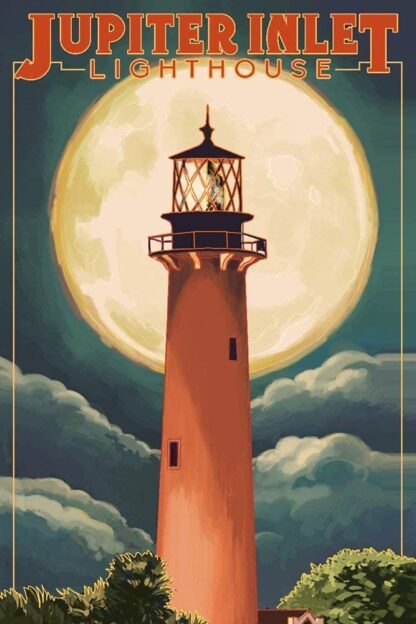 8 x 12 inch Metal Sign Jupiter Lighthouse and Moon Wall Decoration Creature Landscape Sign Hanging Sign