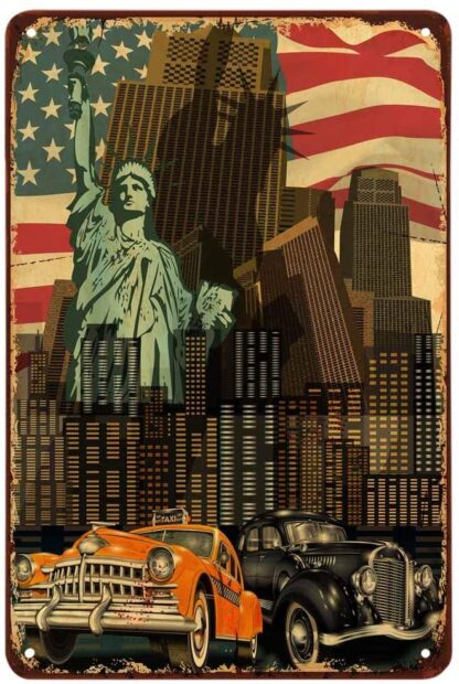 8x12 inch New York City Taxi Car Tin Sign,America Flag Auto Skyscraper Travel Freedom Statue of Liberty Vintage Metal Tin Signs for Cafes Bars Pubs