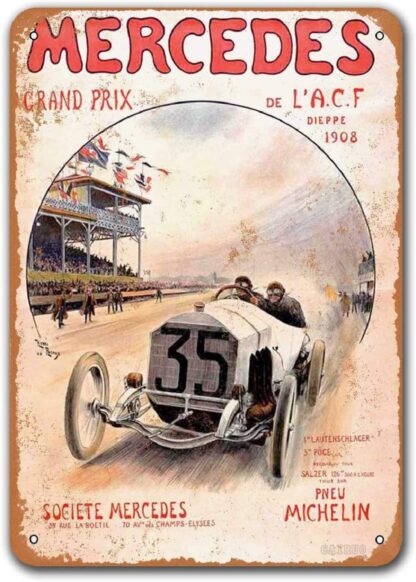 8x12 inch 1908 Mercedes Grand Prix Race Vintage Car Tin Signs, Metal Plaques Poster Garage Bar Retro Wall Decor