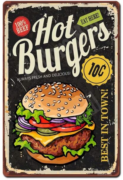 8"x12" Hot Burgers Sign Best in Town Burgers - Retro Vintage Metal Tin Sign Bar Pub Diner Fast Food Cafe Home Wall Art Decor