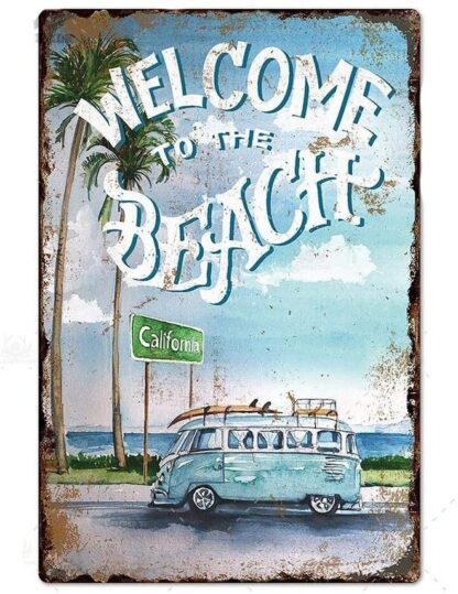 8" x 12" California Surfer Welcome to The Beach Surfing Surf Van Surfboard Vintage Tin Sign Home Bar Kitchen Restaurant Wall Deocr Plaque Signs