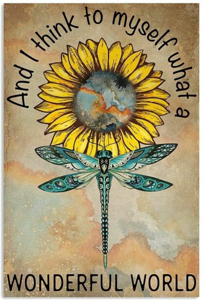 8x12 inch Metal Sign Sunflower Earth Wonderful World Dragonfly Poster Tin Sign Bar Home Decoration New Year Sign The Best Gift for Parents