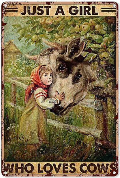 8x12 inch Fashionable Chic Interesting Metal Tin Sign Just A Girl Who Loves Cows Art Decoration for Outdoor Walls of Home Bar Cafe Restaurant Club