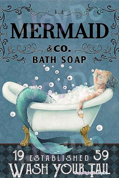 8x12 inches Mermaid Bath Soap Wash Your Tail Retro Tin Sign Metal Sign Vintage Plaque Metal Tin Sign Metal Poster Wall Decor for Home Kitchen Garage Bar Pub