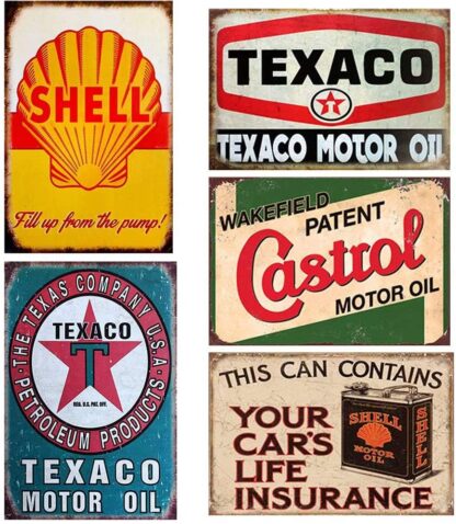 5PCS 20X30cm GAS Motor Oil Antique Tin Signs, Vintage Garage Man Cave Retro Posters Bar Pub Wall Decor