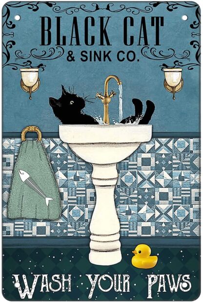 8x12 Inches Funny Bathroom Retro Metal Tin Sign-Black Cat Wash Your Paws - Vintage Aluminum Sign for Home Toilet Restaurant Kitchen Bar Coffee Wall Decor Art