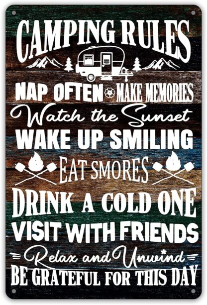 8 x 12 inches Funny Camping Rules Metal Tin Sign Wall Decor Farmhouse Rustic Camping Signs for Home Camper Room Decor Gifts