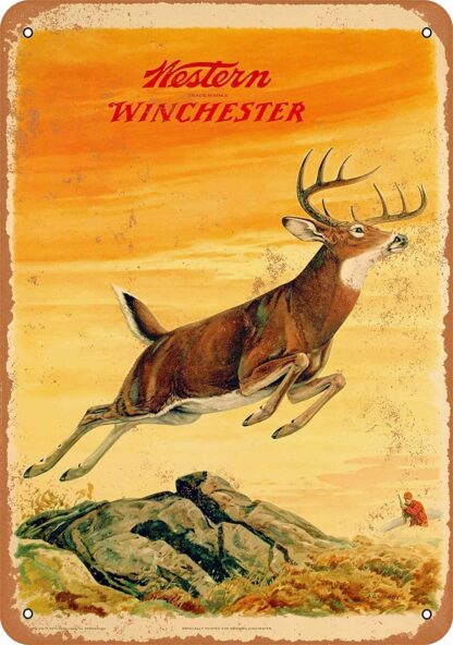 8x12 inch Metal Tin Sign - Vintage Style/Rusty Look 1958 Western Winchester Deer - Plaque Poster for Bar Pub Beer Home